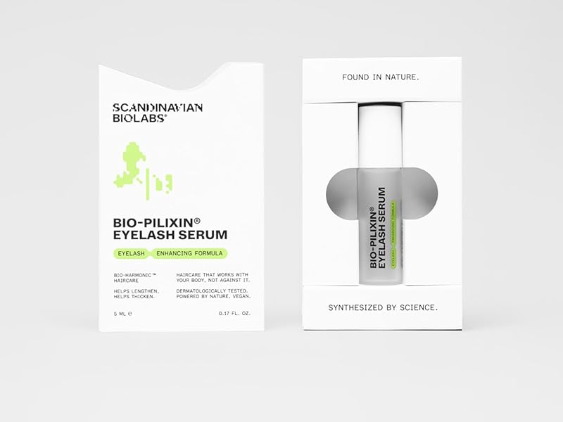 Bio-Pilixin Eyelash Serum product packaging. White box with green leaf graphic and product vial visible.