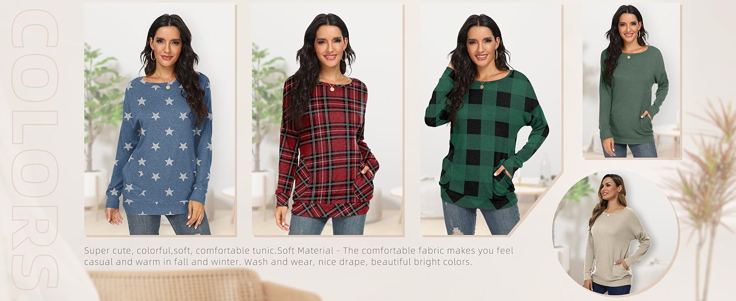 YSYOKOW Womens Fall Long Sleeve Shirts Casual Crew Neck Tunics Tops with Pockets