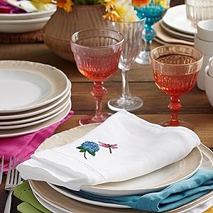  embroidered cotton napkins, embroidered hydrangea and dragonfly 