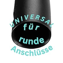 SAFE 'N CLEAN Pet Hair Brush, Vacuum Cleaner Accessory, Dog Brush, Cat Brush, 3 in 1 Set, Compatible with Dyson Miele, Siemens, Rowenta, AEG Karcher, Incl 23 Primer plano de un objeto cilíndrico negro con texto turquesa que dice «UNIVERSAL für runde Anschlüsse», lo que indica que está diseñado para conexiones redondas