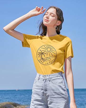 Be Joyful Sunshine T-Shirt Women Beach Coconut Trees Graphic Shirt Spring Vacation Tee Tops