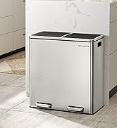Stainless steel dual-compartment recycling bin with pedal operation, featuring black top panels and modern rectangular design for kitchen use.