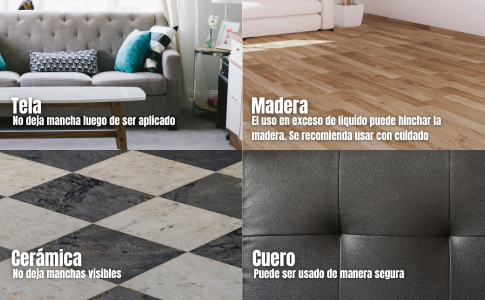 Comparación en cuatro paneles de los efectos de limpieza en diferentes superficies: sofá de tela, suelo de madera, baldosas de cerámica y material de cuero