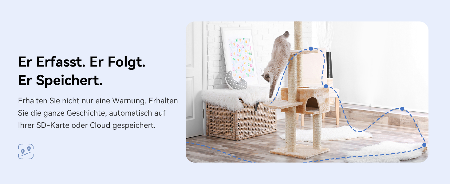 Der Text lautet „Er Erfasst. Er Folgt. Er speichert. ' Zeigt einen Roboterstaubsauger im weißen Innenraum mit Kartenvisualisierung.