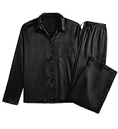 Women's Satin Silky Collar V Neck Long Sleeve Top and Long Sleepwear PJs Pajamas Set