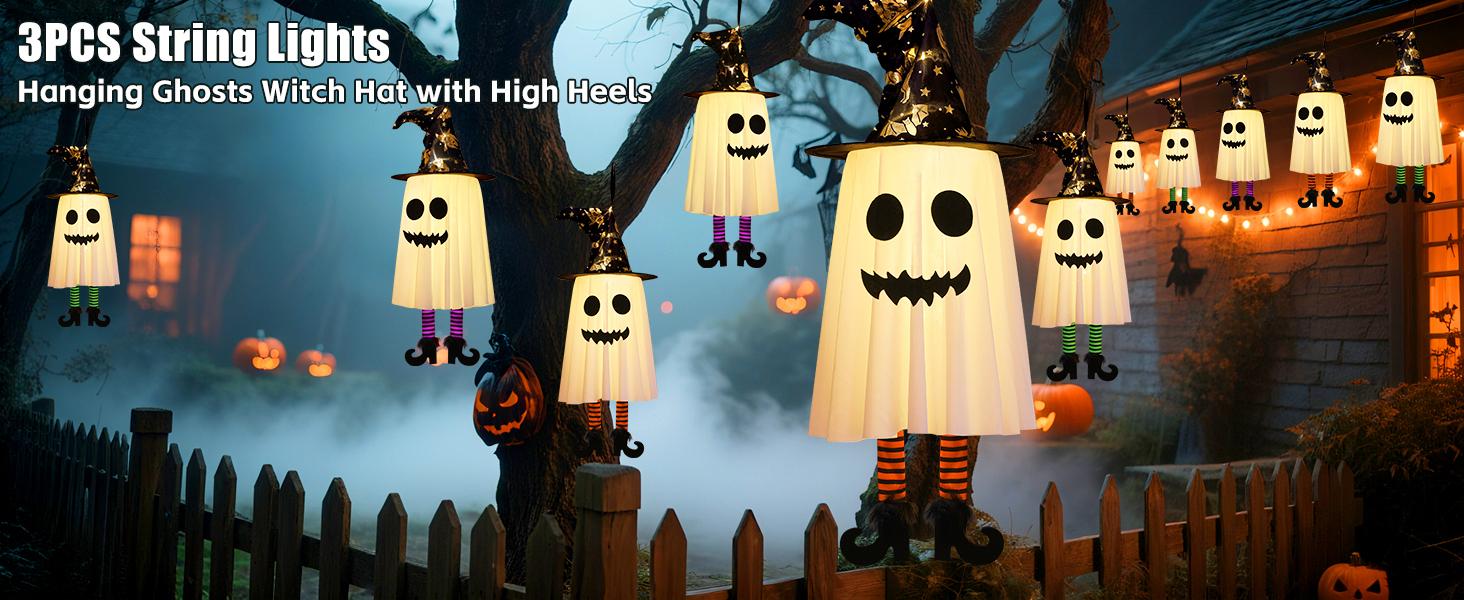 Halloween Decorations Outdoor Hanging Ghost Witch Hat Lights Set of 3 Valued