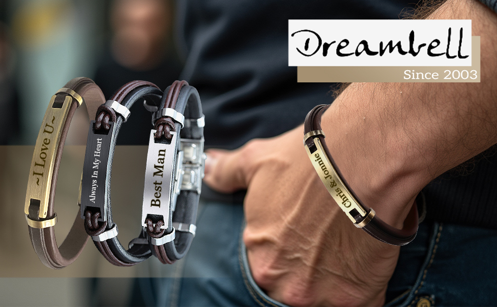 Custom Text Laser Engraving Leather Bracelet Bangle Gift for Men