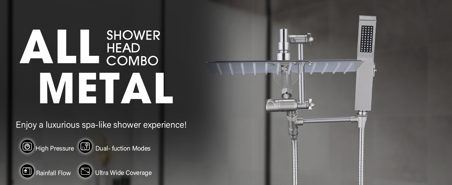 PDPBath All Metal Rain Shower Head with Handheld Spray Combo, 12