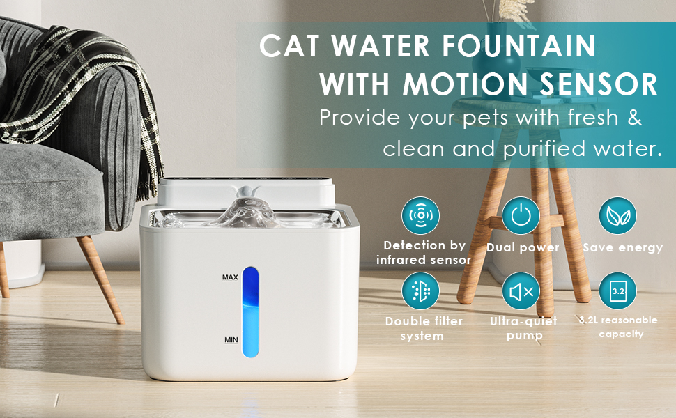 Cat Water Fountain with Sensor, PLOOHT 3.2L Cat Water Fountain Battery
