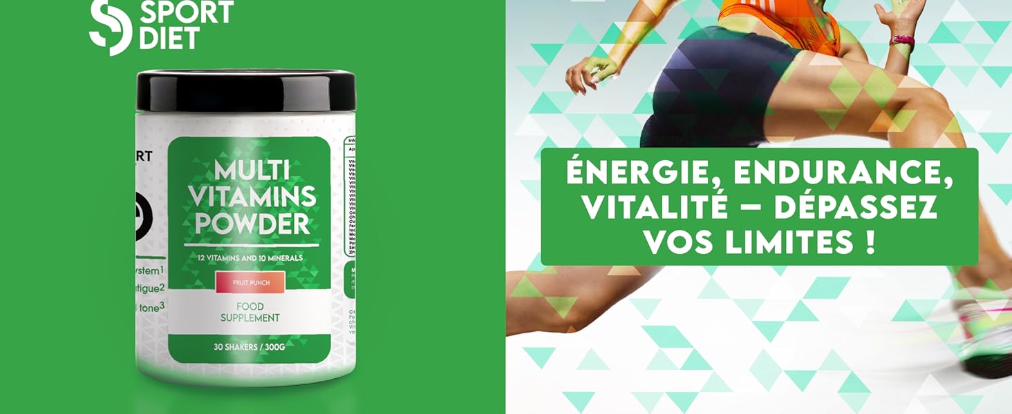 Supplément multivitaminé en poudre dans un contenant blanc avec étiquette verte. Le panneau adjacent montre une personne qui court, ce qui favorise les bienfaits de l'énergie, de l'endurance et de la vitalité.
