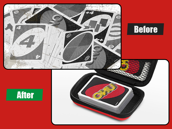 Text reads 'Before' and 'After'. Comparison showing scattered playing cards versus organized storage case with UNO card game visible in protective case.