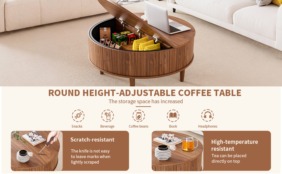 Round Fluted Lift Top Coffee Table with Storage