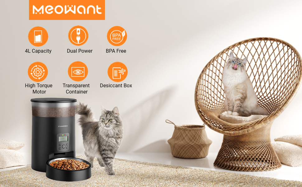 Automatic Cat Feeder, Meowant 4L Timed Pet Dry Food Dispenser with
