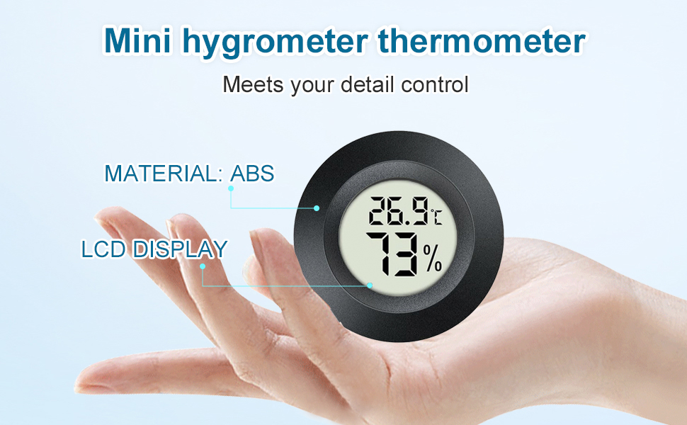 Der Text Lautet: „Mini-Hygrometer-Thermometer“, „entsspricht ihrer detailKontrolle“, „Material: ABS“, „LCD-Display“. Rundes, Schwarzes Digitalgerät mit Einer Temperatur von 26,9 ° C und Einer Luftfeuchtzeit von 73%.