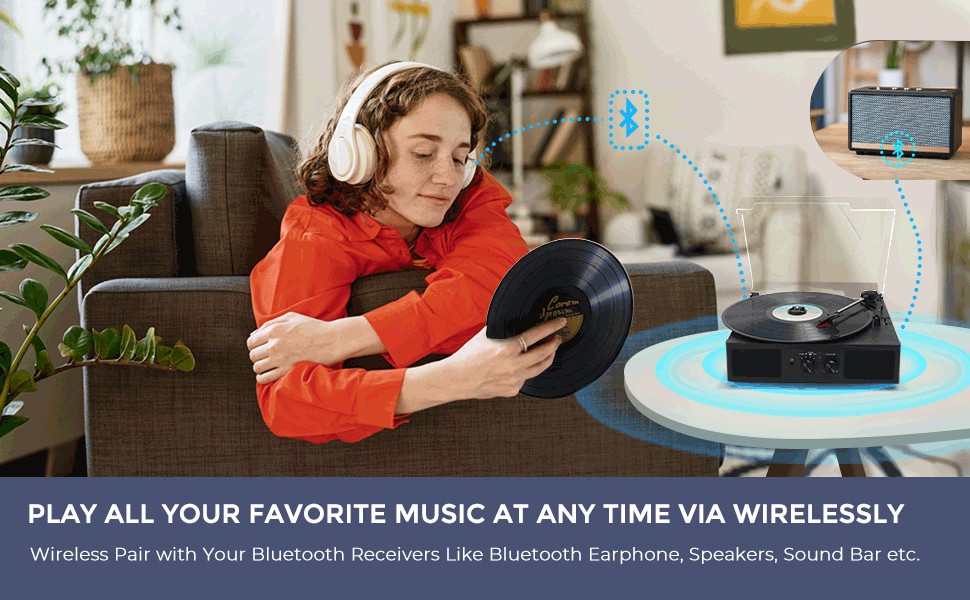 Hernido Vinyl Record Player, BeltDriven 3Speed Turntable, Bluetooth Speaker with Input