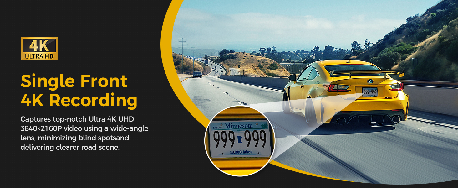 Promotional image for 4K front-facing dash camera recording feature, showing yellow sports car on mountain road with technical specifications overlay.