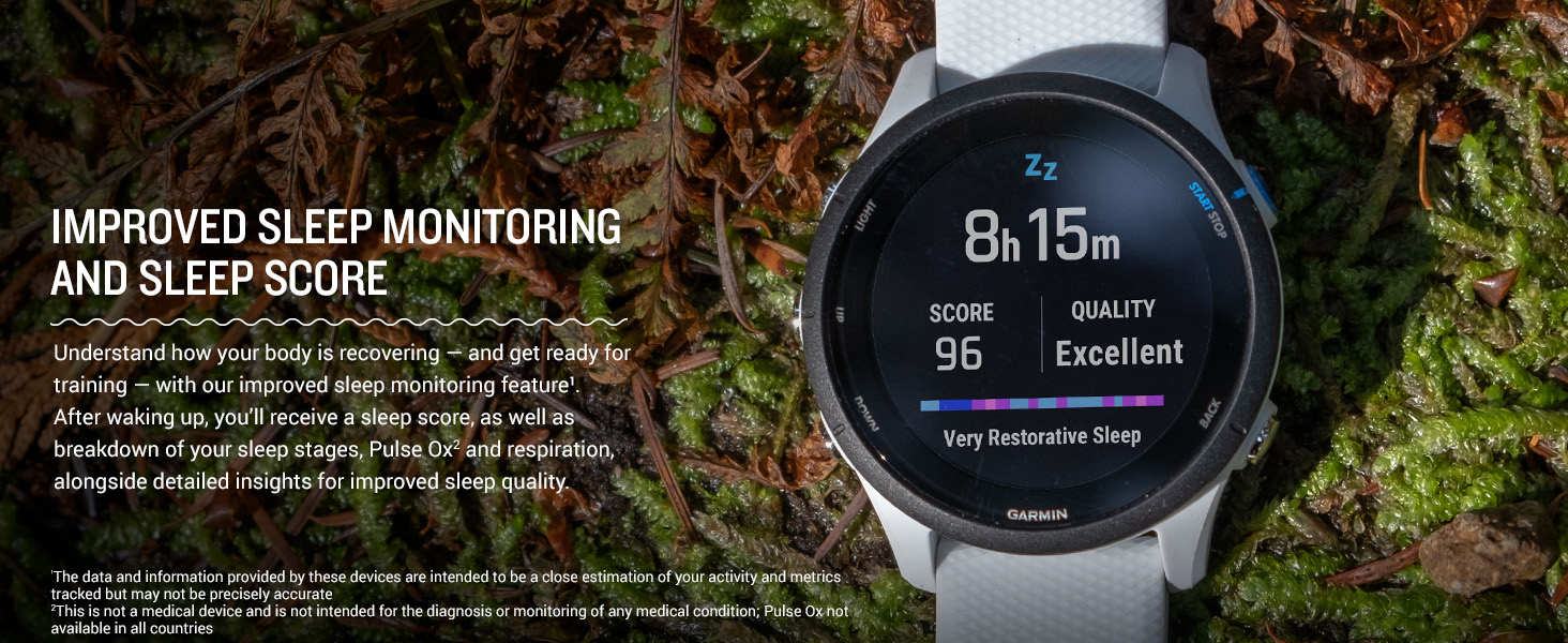 Forerunner 255 Music smartwatch with white strap on a mossy surface displaying sleep monitoring data with 8 hours 15 minutes of sleep, a score of 96, and excellent quality.