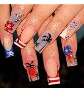 Independence Day Press on Nails French Tip Fake Nails with Designs American Flag Glue on Fingerna...