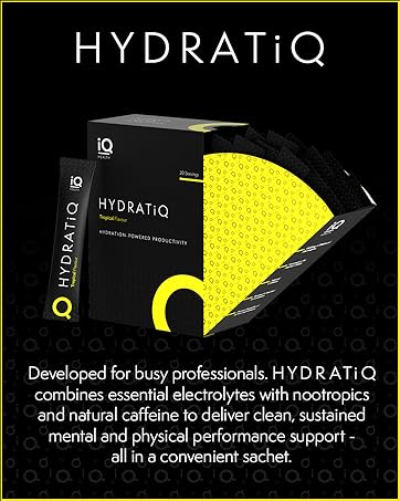 Black 'HYDRATIQ' product packaging with yellow accent design, marketed as performance support for busy professionals.