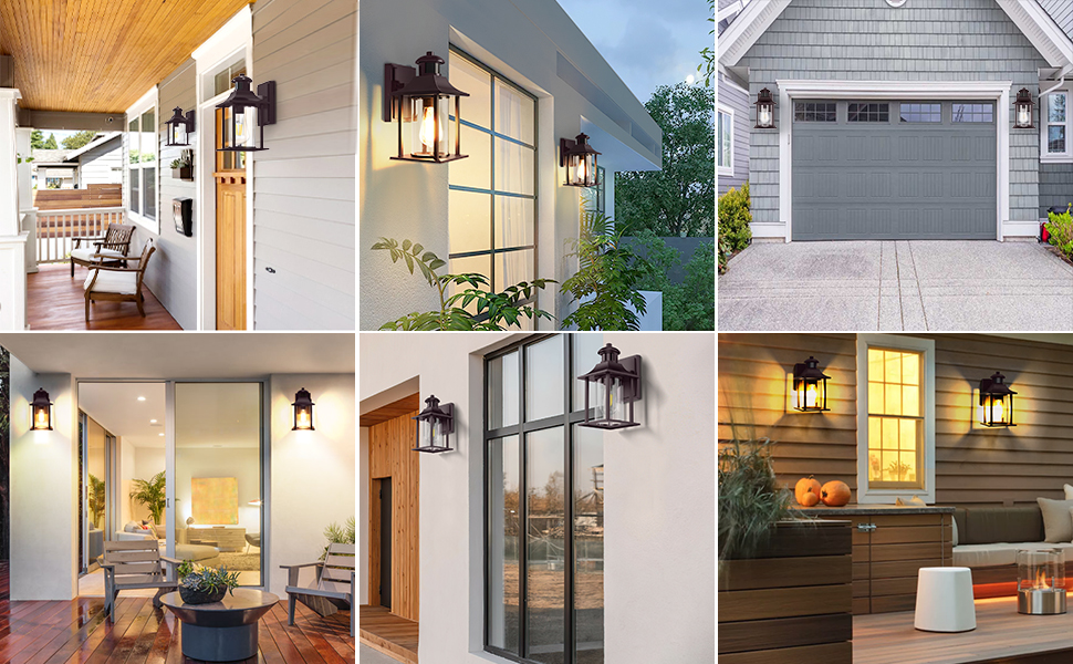 Collection of outdoor wall lanterns shown in various installation settings including porches, garage exteriors, and entryways