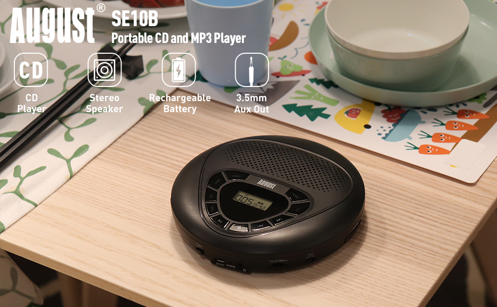 Personal CD Player Portable with Speaker August SE10 Rechargeable