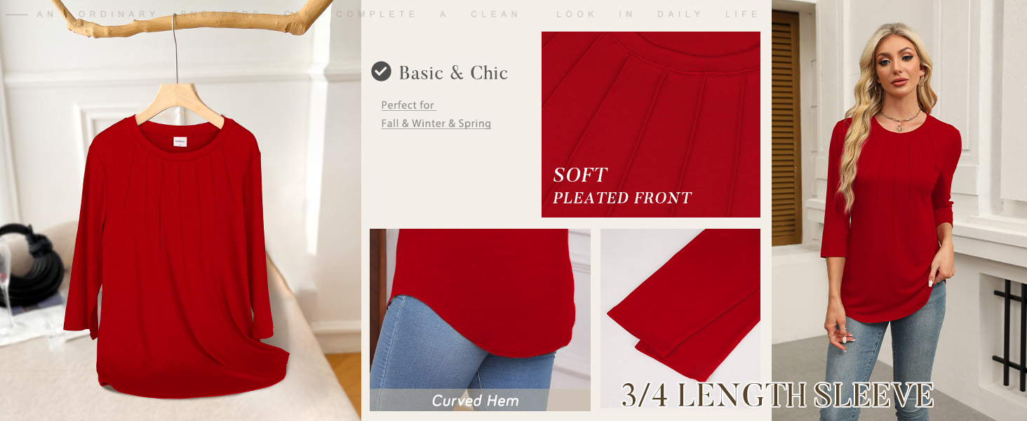 Aokosor Womens 3/4 Sleeve Tops Ladies Blouses Crew Neck Pleated Shirts