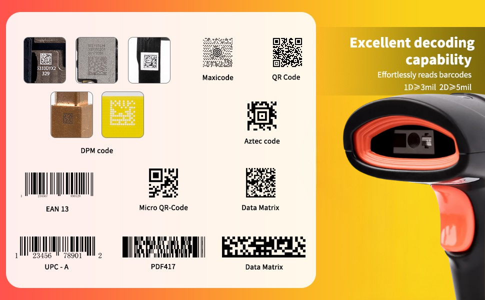 Wireless 2.4GHz 2D & 1D Barcode Scanner (Code & Barcode) Wired & Wireless