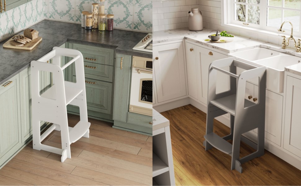 avery wooden kitchen helper step kids toddler baby learning tower w/ safety rail