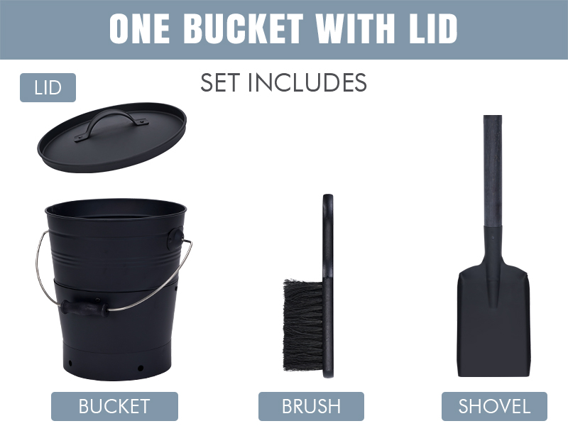 Ash Bucket with Shovel and Broom 2.3 Gallon Metal Bucket