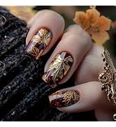 Fall Press on Nails Square Fake Nails with Designs Maple Leaf Stick on Nail Medium Acrylic False ...