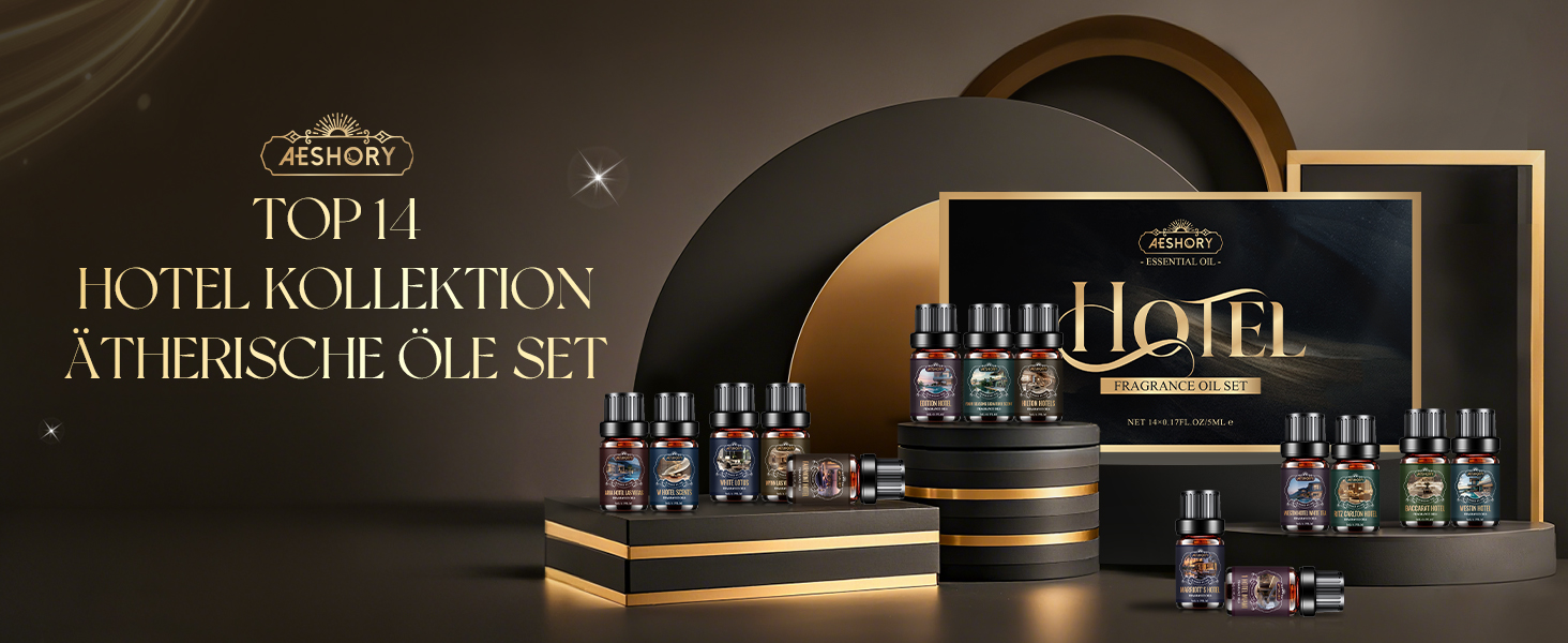 Der Text lautet „HOTEL HOTEL COLLECTION“, der auf der gesamten Luxus-Hautpflegeproduktpalette zu finden ist. Dunkle, elegante Produktfotografie mit goldenen Akzenten und mehreren Flaschen, die auf einem Werbedisplay angeordnet sind.