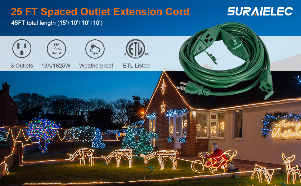 Suraielec 25 FT Outdoor Extension Cord with Multiple