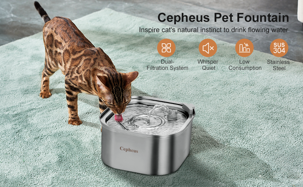 Cepheus Cat Water Fountain,Adjustable Water Flow Cat Fountian Stainless Steel Pet Water Fountain