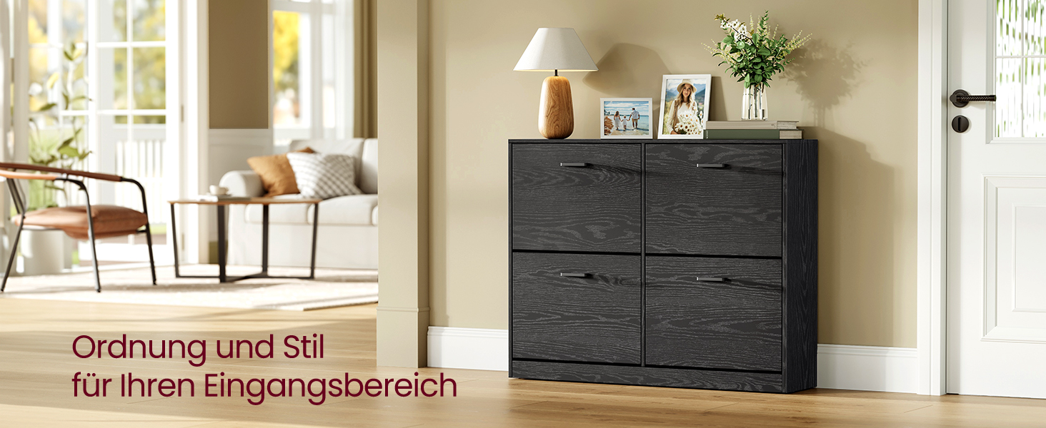 Skrinka na topánky so 4 výklopnými dvierkami, botník, 24 x 105,5 x 82,7 cm, čierna