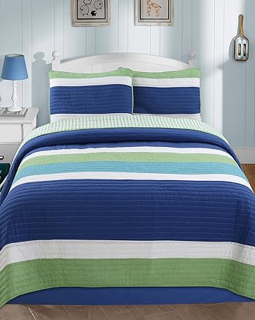 Navy Blue Green White Striped Print 100% Cotton Reversible Bedding Quilt Set