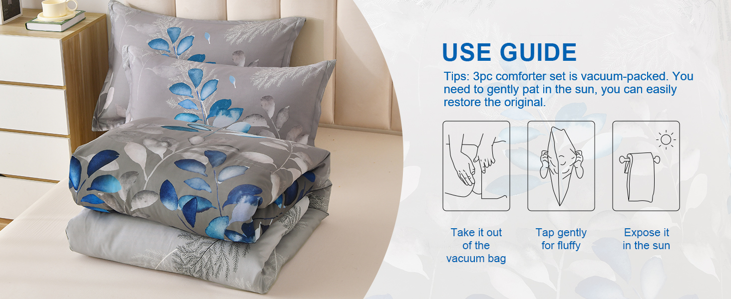 Dark Grey Comforter Set Queen Blue Botanical Leaves Comforter 3 Pieces Floral Bedding Sets