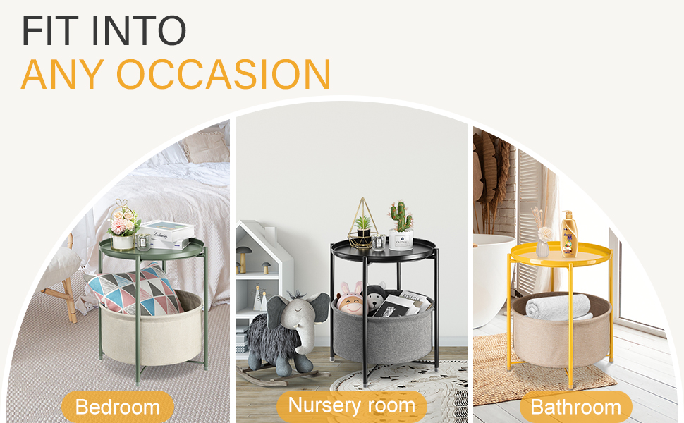 danpinera Round Side Table with Fabric Storage Basket, Metal Side Table