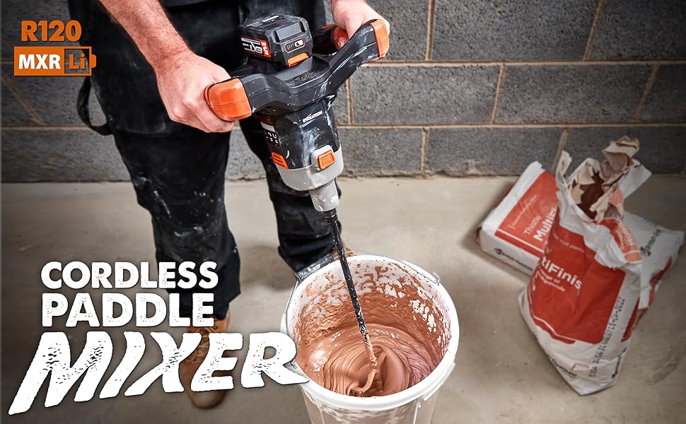 Evolution Power Tools R120MXRLI Cordless Paddle Mixer, Portable with Battery, Charger & Paddle