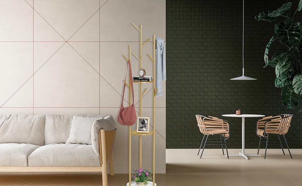 Garderobenständer Kleiderständer Mit 3 Marmor Ablagen Und 9 Kleiderhaken, Standgarderobe Luxus Goldene Metall Garderobe 172cm 14 Coat Stand Metal Clothes Rack Hooks for Umbrella Hat Storage Bedroom