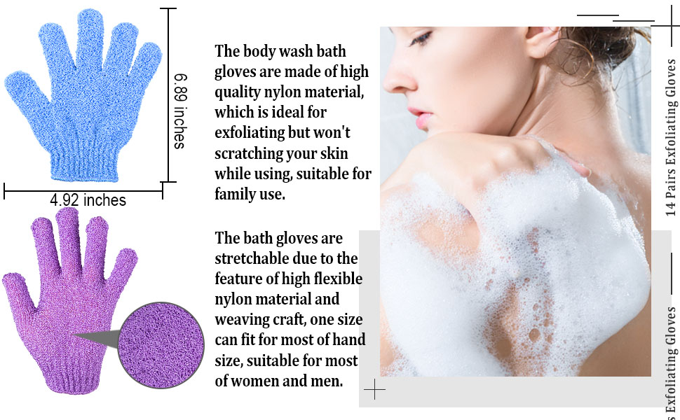 the body scrubber gloves are made of high quality nylon material and suitable for family use