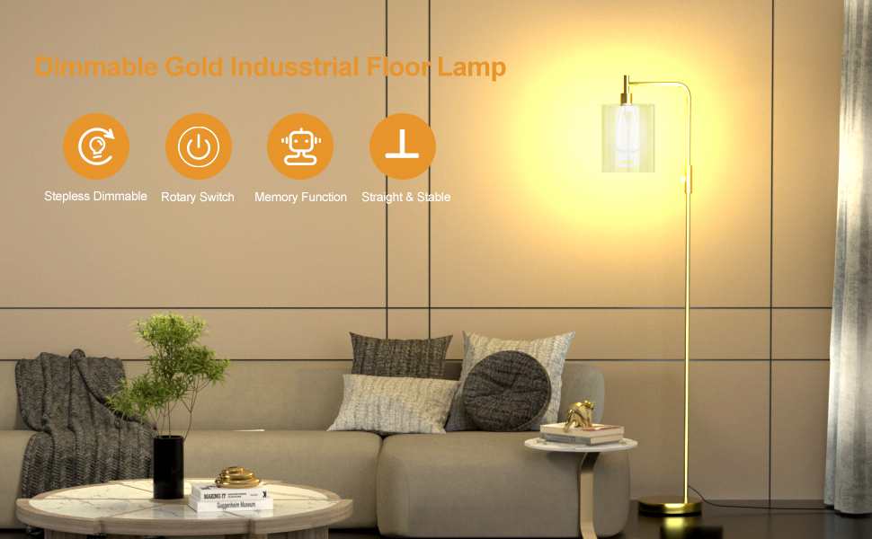 Dimmable Gold Industrial Floor Lamp, Elizabeth Vintage Standing Lamp