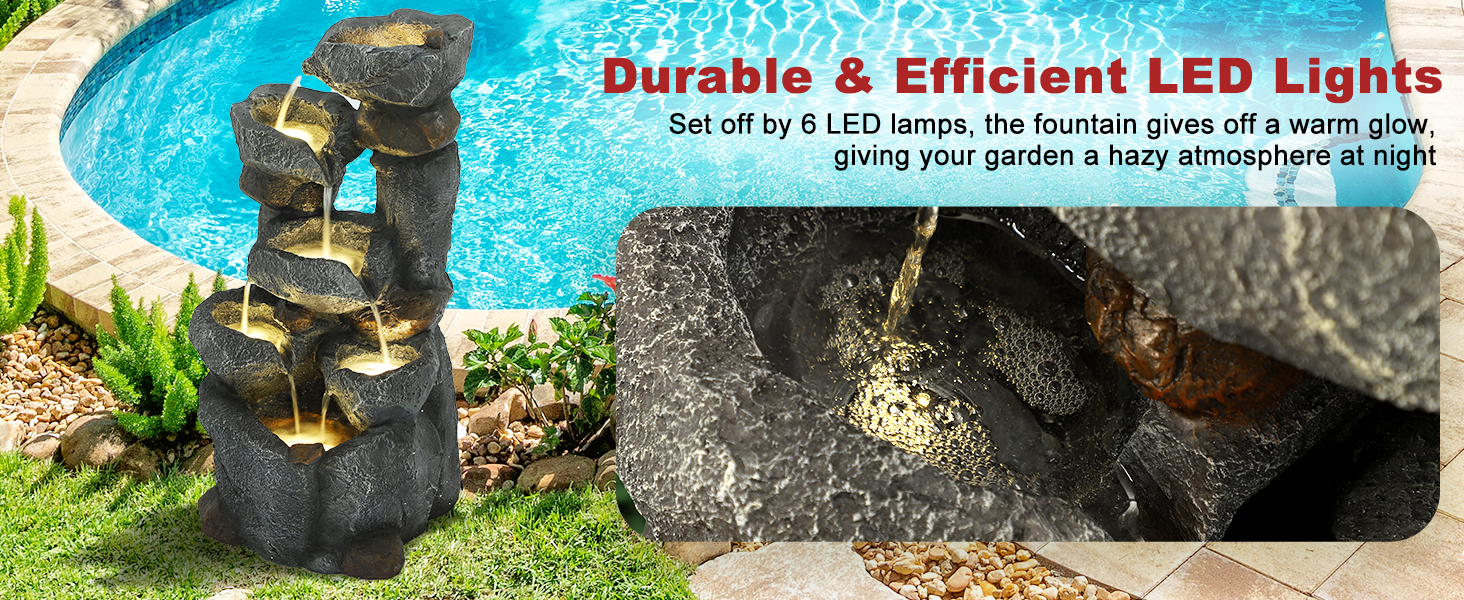 GIODIR 6Tiers Cascading Outdoor Water Fountain with 6 LED