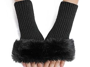 black fur fingerless gloves,fluffy gloves black,black arm warmers