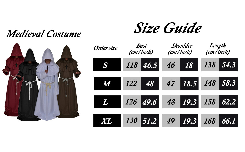 Medieval Costume Robe Size Chart