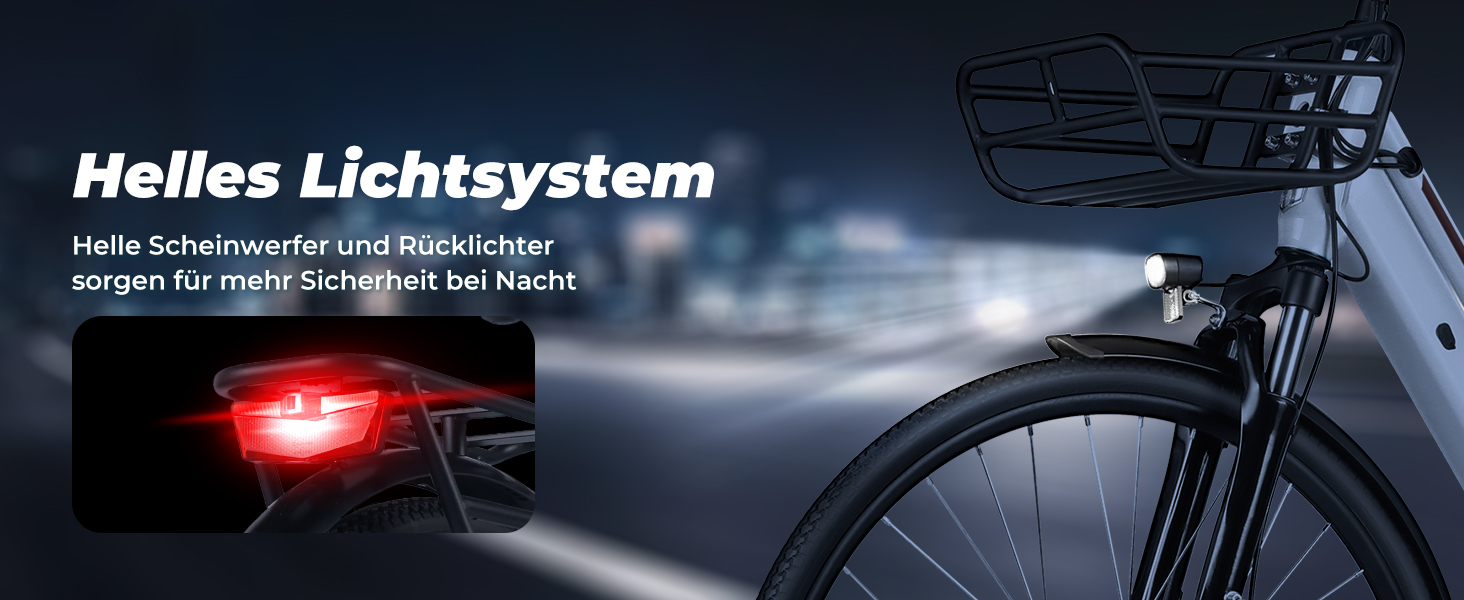Sicherheitslichtsystem für Fahrräder mit rotem, nachts beleuchtetem Rücklicht, mit Textüberlagerung „Helles Lichtsystem“