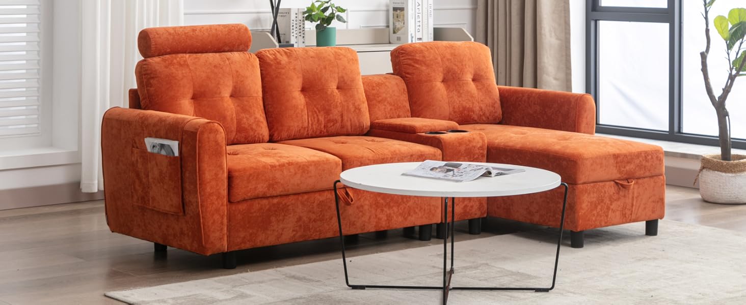 L Shaped Sectional Couch, Modular Sectional Sofa with Cup Holders & Storage Console