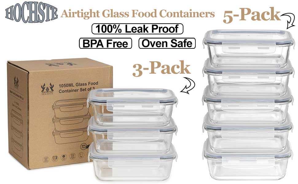 HOCHSTE Airtight Glass Food Containers with Lids - 3-Pack, 100% Leak Proof Storage Containers 