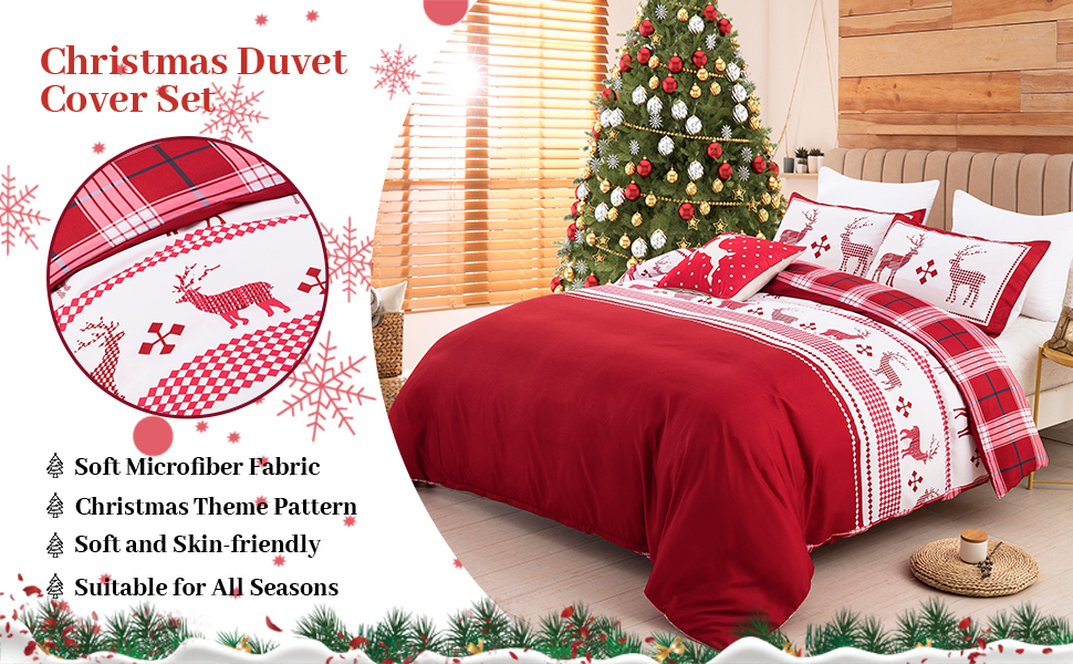 Christmas Duvet Cover Set Twin, Reversible Reindeer Red