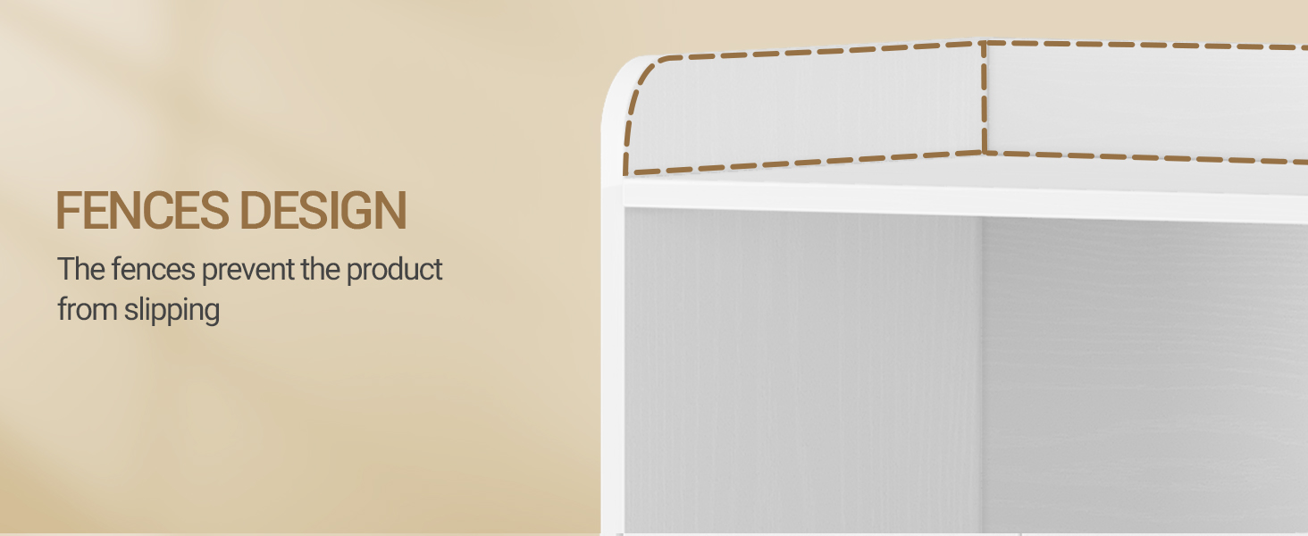 Technisches Diagramm, das das Konstruktionsmerkmal von Zäunen zeigt, mit einem Text, der erklärt, wie Zäune das Verrutschen von Produkten verhindern