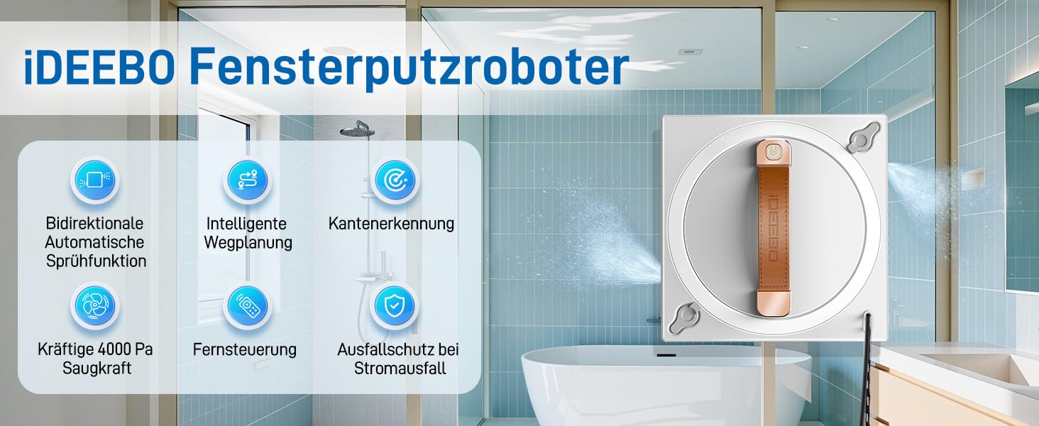 Der Text lautet „IdeeBO Fensterputzroboter“. Produktbilder, die einen Fensterreinigungsroboter mit mehreren Reinigungsaufsätzen und Symbolen für technische Daten zeigen.